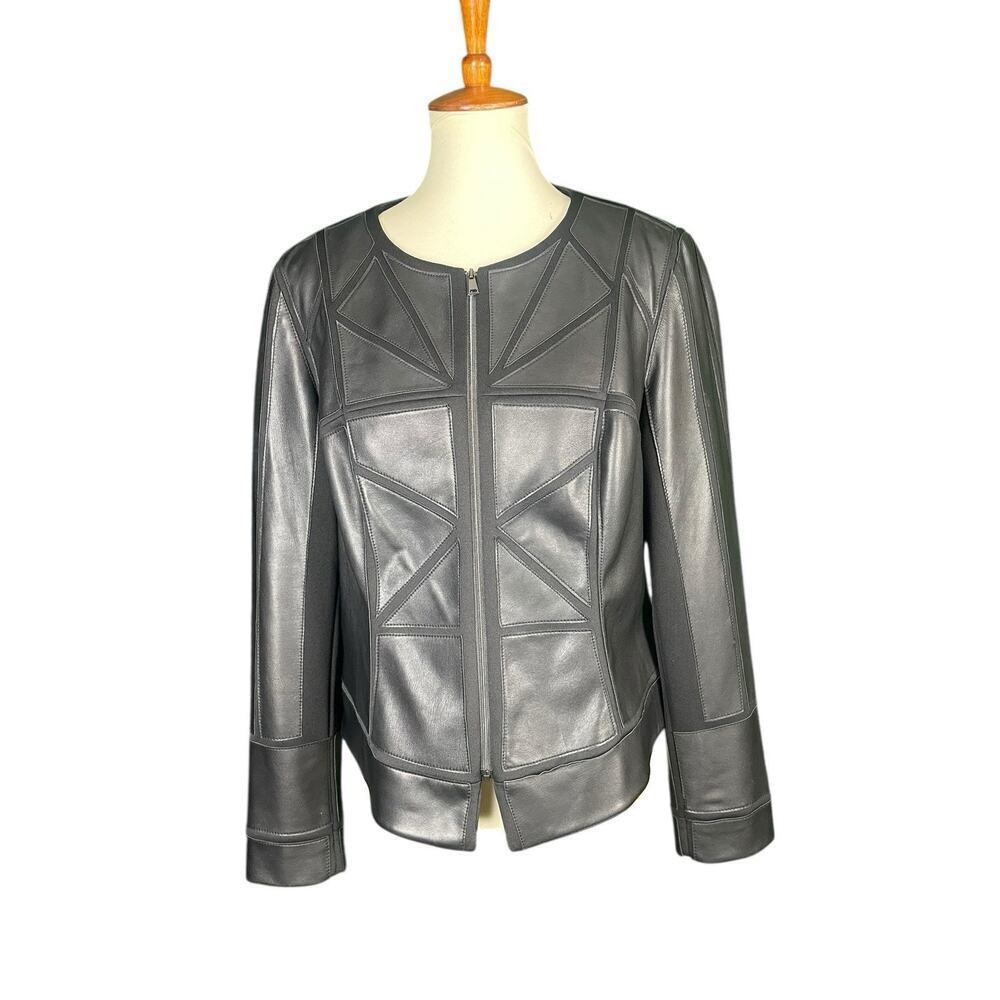 Etcetera Black Genuine Leather Jacket Women 16 Geometric Trim Moto Blazer